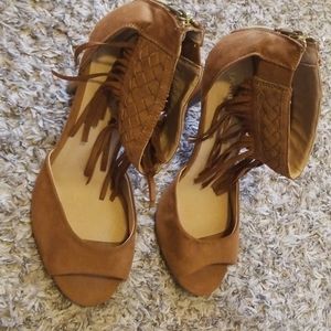 Lane Bryant Brown Open Toe Fringe Bohemian Pumps